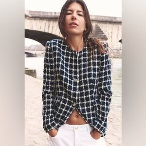 NWT Zara TEXTURED TAILORED BLAZER ECRU / BLUE